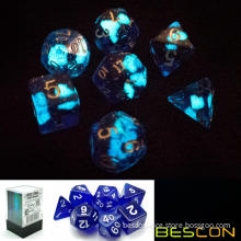 Bescon Super Glow in the Dark Nebula Glitter Polyhedral Dice Set DEEP SPACE, Northern Light Dice Glowing Novelty DND Game Dice